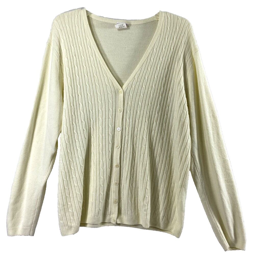 Graff Cable Knit Sweater Womens XL Beige Cardigan‎ Preppy Minimalist Classic